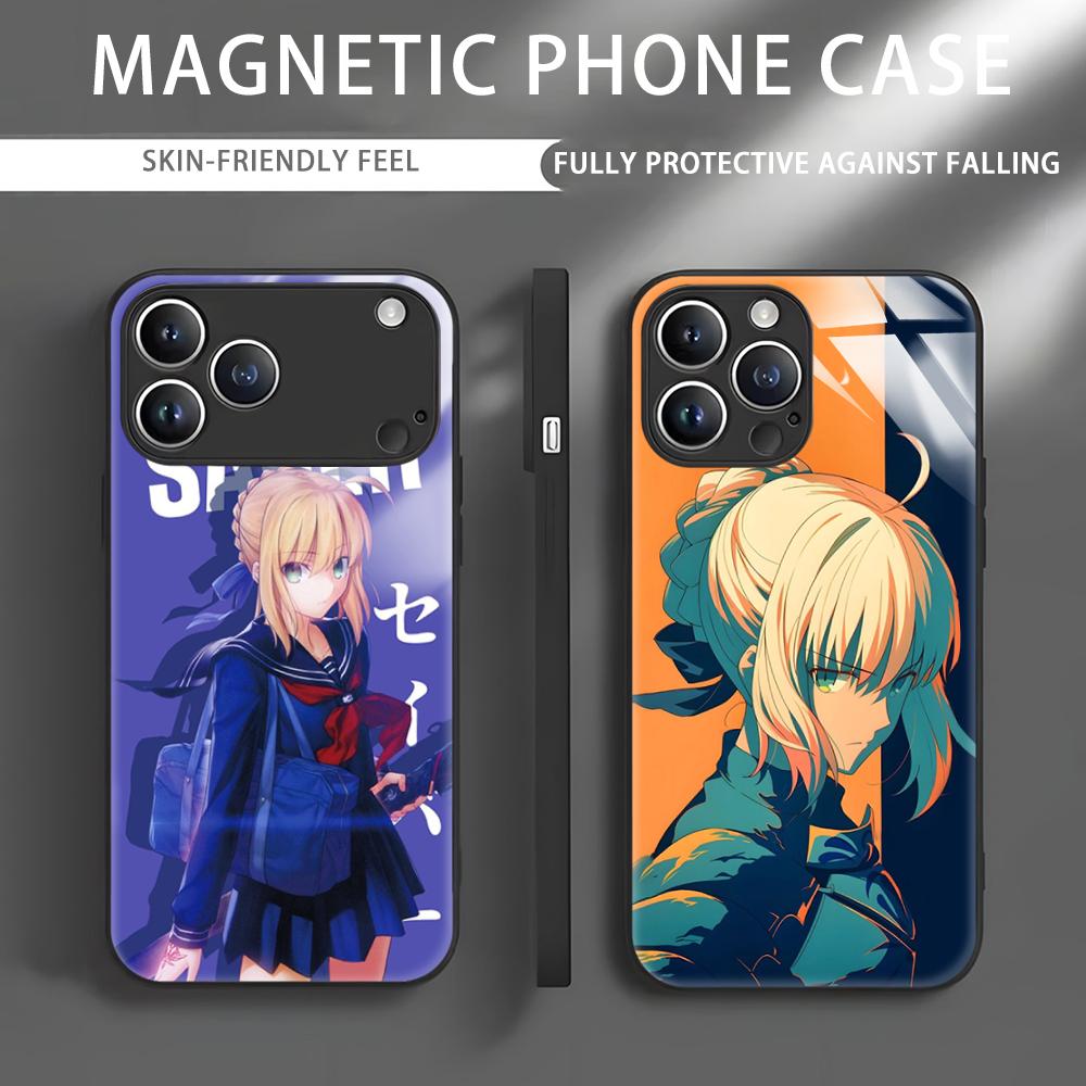 Apple Iphone 15 Pro Max - アニメ「Fate」Saberのスマホケース iPhone 17、16、e、15、14、13、12、11、X、XR、XS、Plus、Mini、Pro、Max対応 ガラス製マグネット式スマホケース